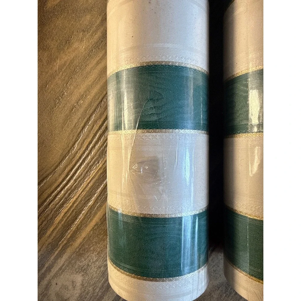 Vintage Bordenstyle Vinyl Wallpaper 2 Rolls Green Cream Gold Stripe CC216FF New